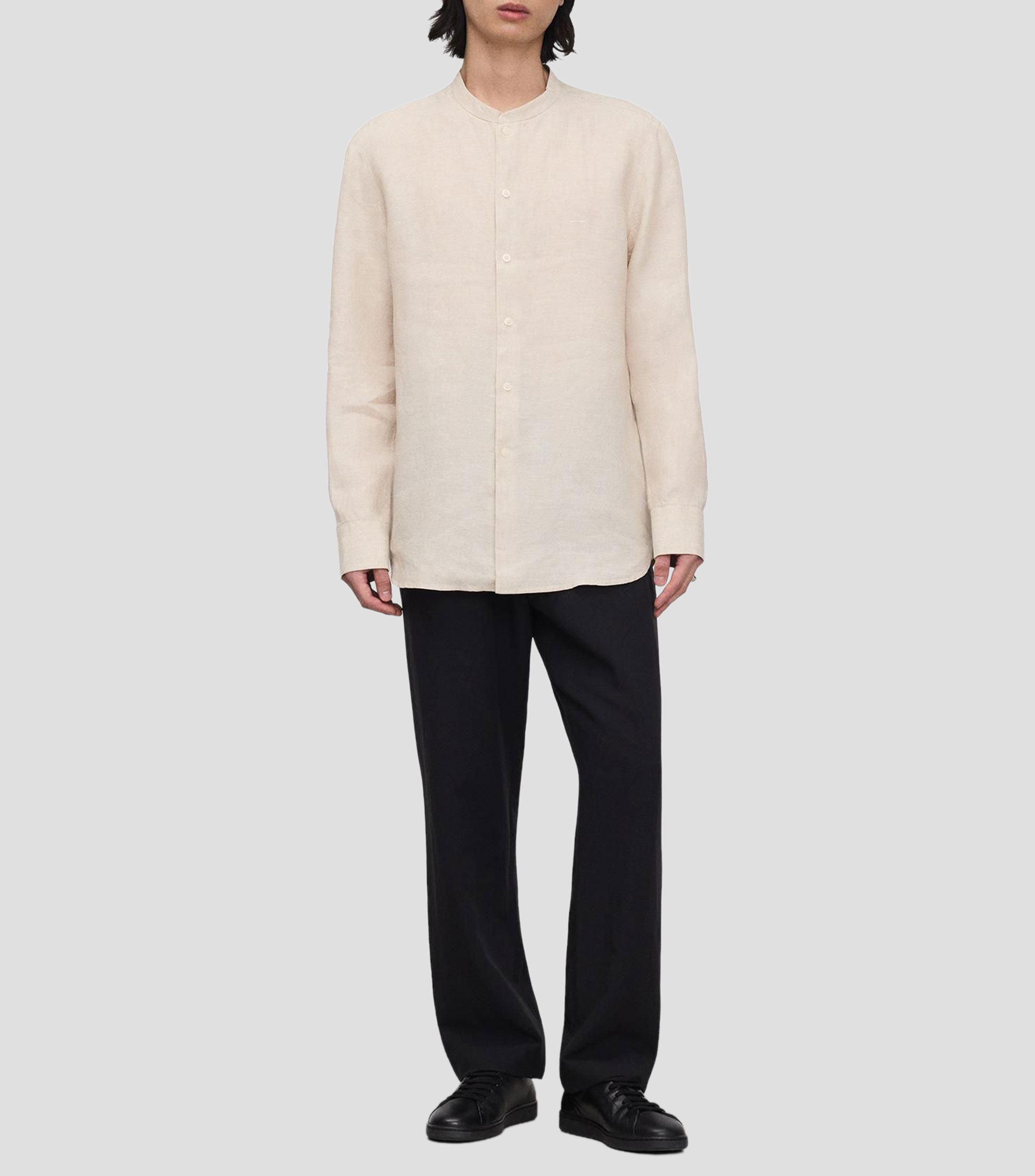 Camisa lisa en lino con cuello mao y manga larga Hombre